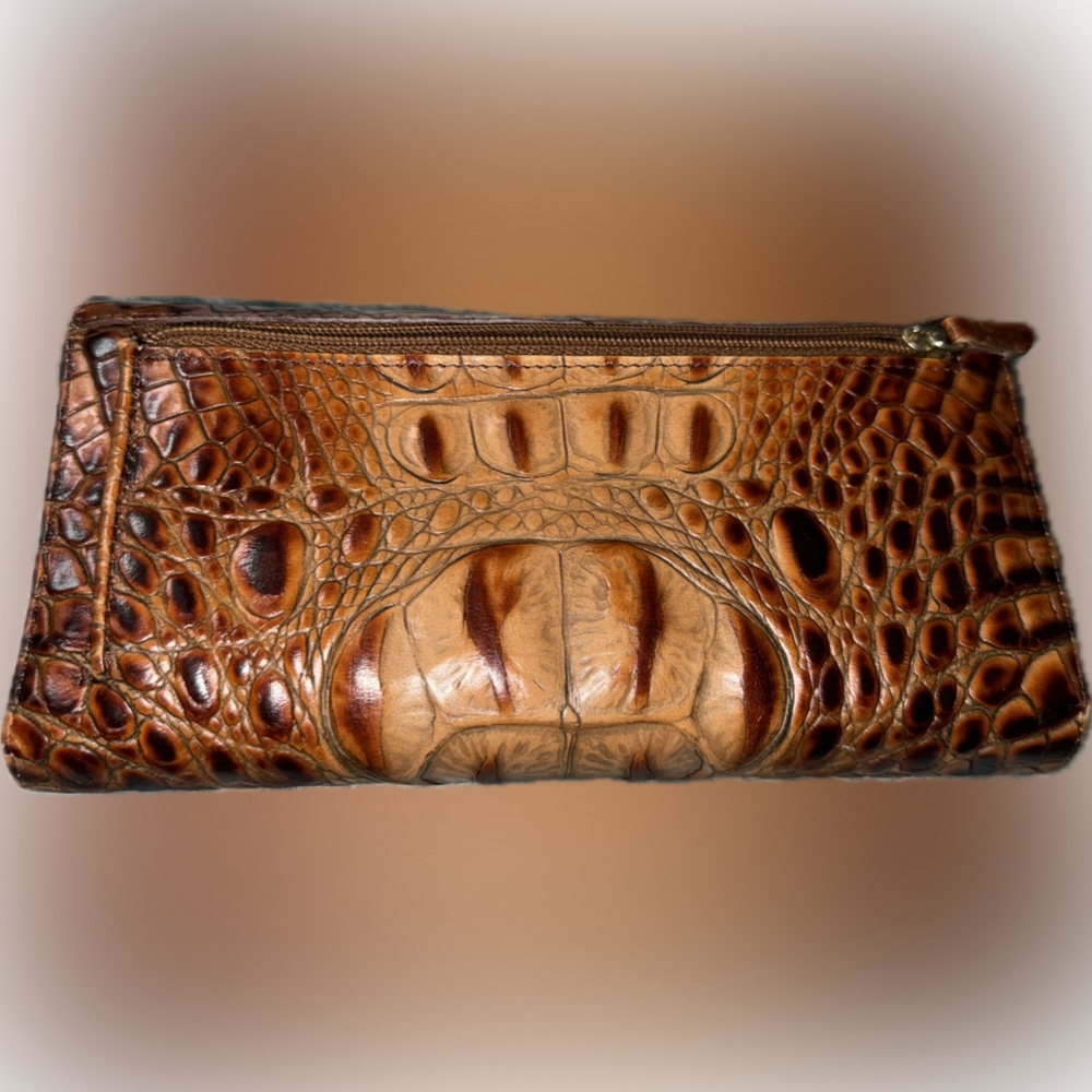 Croc-Embossed Leather Satchel Handbag in Cognac - Picture 7 of 11